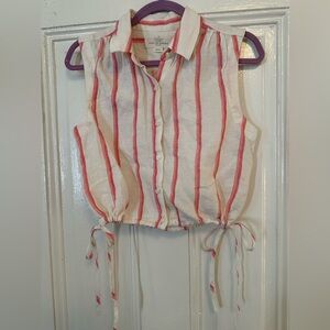 Striped Sleeveless Button-Up Top linen Bows on sides size small nwot